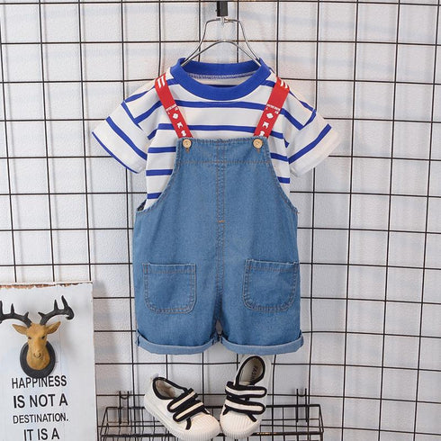 Boy's and girl's striped T-shirt short sleeve denim braces two-piece set