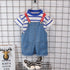 Boy's and girl's striped T-shirt short sleeve denim braces two-piece set