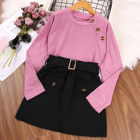 Spring and Autumn Girls Knitted Long Sleeve Skirt Two-Piece Set