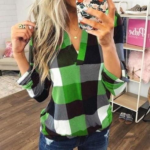 Spring and Autumn Shirt Women's Plaid Medium Long Sleeve Top