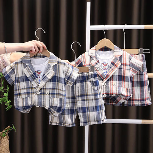Suit Short Sleeved Three Piece Casual Plaid Shorts Suit