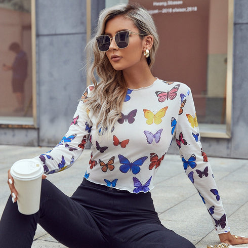 Butterfly Printed Long Sleeve Navel Revealing Slim Fit Top
