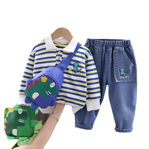 Spring and Autumn Boys Long Sleeve Set Two-Piece With Satchel