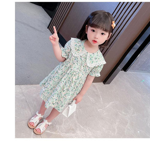 Girls Dress Summer 2022 New Girls Lace Lapel Small Floral Dress