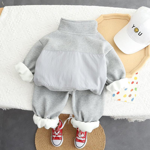 Autumn and winter boys plus velvet sports long sleeve suit two-piece set