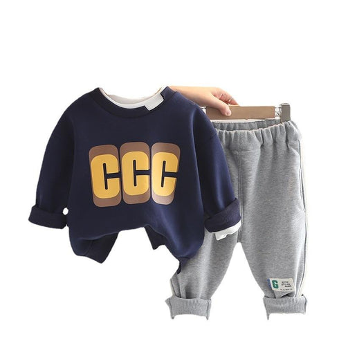 Autumn and winter boys plus velvet long sleeve suit two-piece set