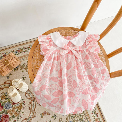 Leaf Doll Collar Printed Cotton Fly Sleeve Skirt