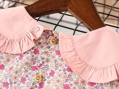 Summer New Girls Dress Short Sleeve Floral Lapel Children's Dress