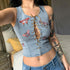 Butterfly Embroidery Denim Bandage Vest Round Neck Blouse