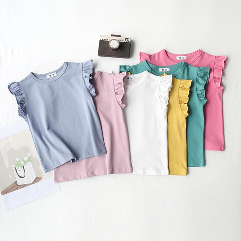 Ruffled Crewneck Feifei Short Sleeve T-Shirt Solid Color Top