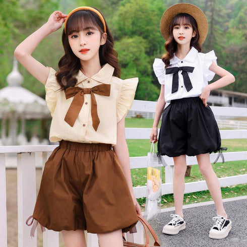 Summer Girls Bow Fly Sleeve Shirt Lantern Shorts Two Piece Set