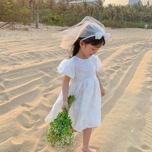 Girl's Summer Printed Bubble Sleeve Sweet Princess Dress