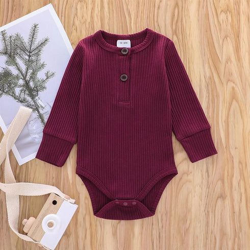 Ribbed Solid Front Button Long-sleeve Baby Romper