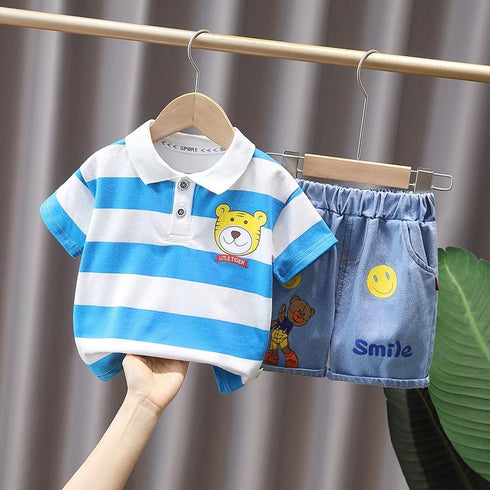 Summer boys striped short-sleeved shorts two-piece set