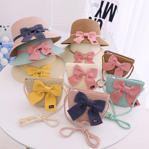 Children's Bow Straw Hat Bag Set