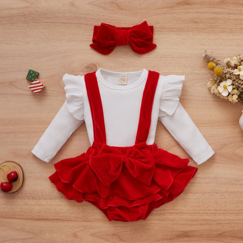 Christmas Velvet Braces Dress Set