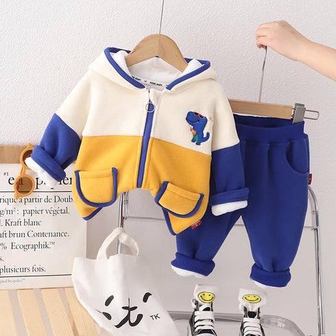 Autumn and winter boys plus velvet hooded suit two-piece set