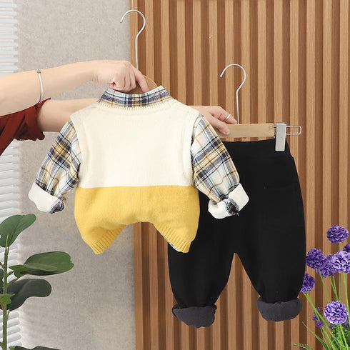 Winter boys shirt long sleeve set three-piece set