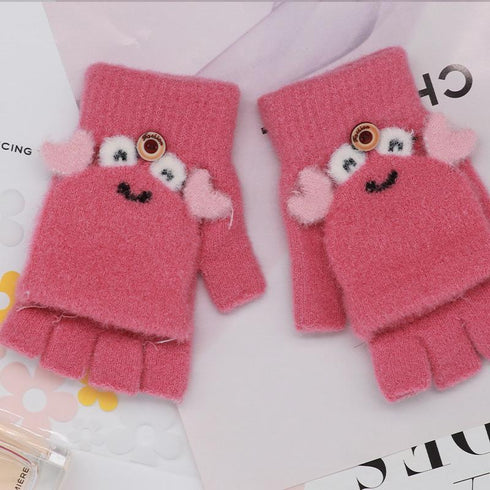 Little Crab Children's Half Finger Flip Writing Plush Knitted Gloves