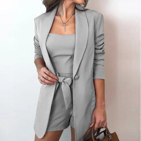 Solid color blazer high waist shorts slim three-piece set