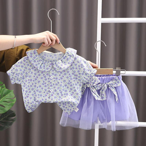 Round Neck T-Shirt Baby Short Sleeve Lady Gauze Skirt Two Piece Set