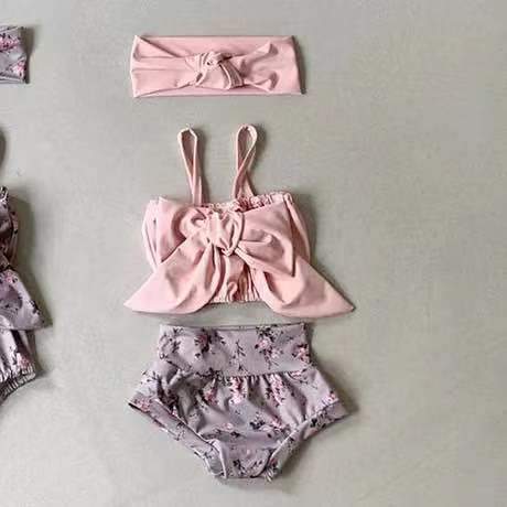 Simple Swimsuit Suit Broken Flower Color Matching Suspender Bow Wrap Fart Swimsuit
