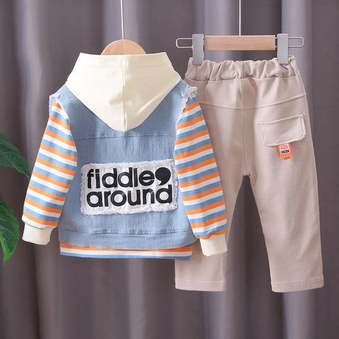 Three-piece set of denim waistcoat inside children's clothing stripes