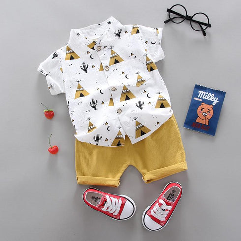 2pcs Toddler Boy Casual Pyramid Cactus Print Shirt and Shorts Set