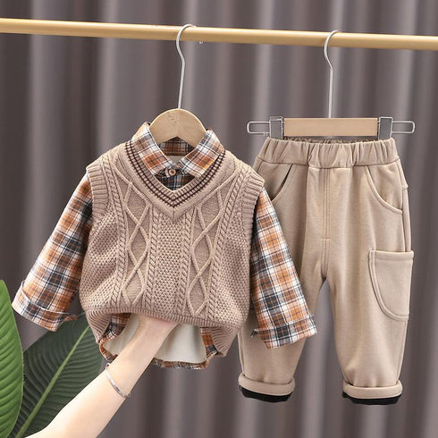 Autumn and winter boys plus velvet sweater waistcoat three-piece set
