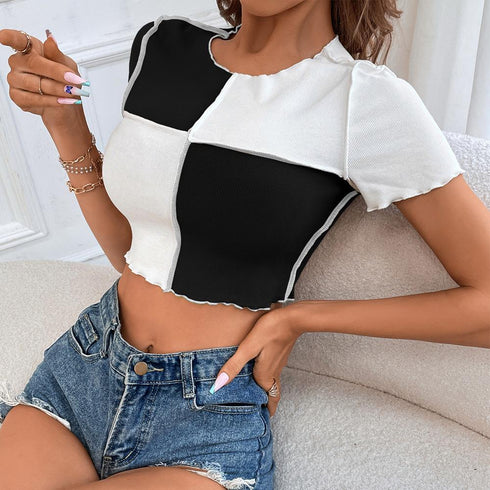 Multi Panel Contrast Knit T-shirt With Exposed Navel Top