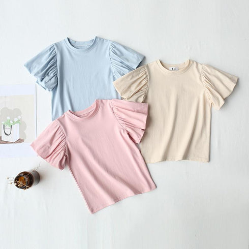 Summer Children's Solid Color Bubble Sleeve Top