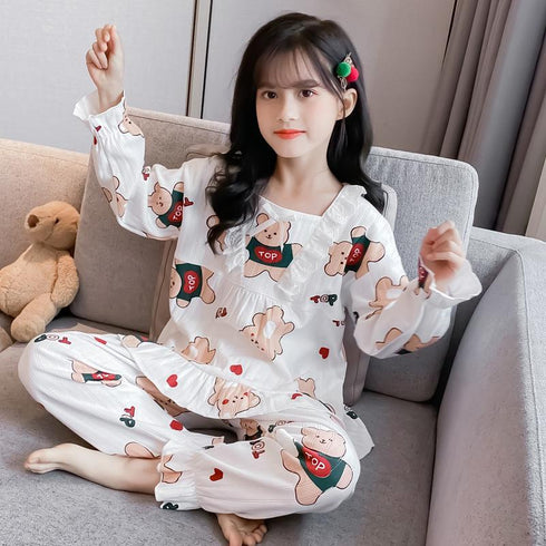 Spring And Autumn Girls Cute Bear Pajamas Set