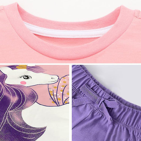 Girls Short Sleeve T-shirt Set 2022 Summer New Cotton Fashion Cute Unicorn Printing Two-piece Set
