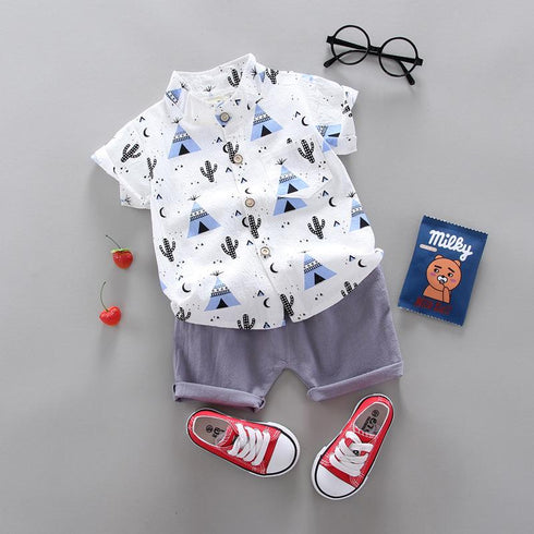 2pcs Toddler Boy Casual Pyramid Cactus Print Shirt and Shorts Set