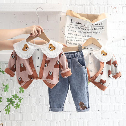 Girl Bear Lapel Shirt Long Sleeve Set Baby Girl Casual Cardigan Jeans Three Piece Set