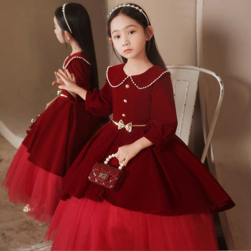 New Year's Christmas Dress Birthday Red Long Sleeve Velvet Princess Paggy Dress