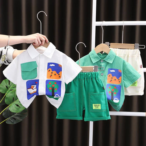 Handsome Lapel Shirt Short Sleeve Suit Casual Shorts Two-piece Set