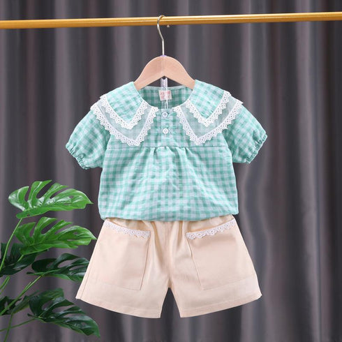 Summer girls suit short sleeve T-shirt shorts two-piece set