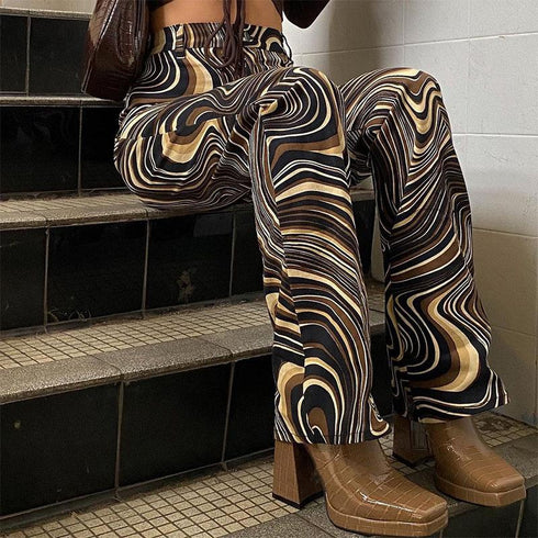 Printed Water Wave Pattern High Waist Vertical Pants