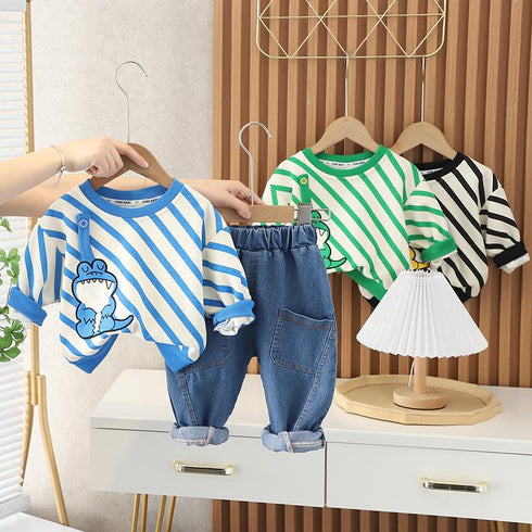 Casual Round Neck Diagonal Long Sleeve Suit Boy Baby Jeans Pants Two-piece Set