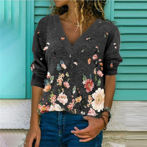 Fall/Winter Printed Loose V-Neck Long Sleeve Shirt