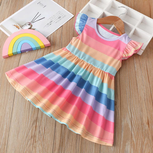 Girls' Flying Sleeve Color Matching Rainbow Stripe Princess Skirt
