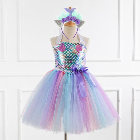 European And American Children's Clothing Girls Mermaid Fluffy Skirt Cospaly Performance Dress Fish Scale Dress Dress Send Headdress