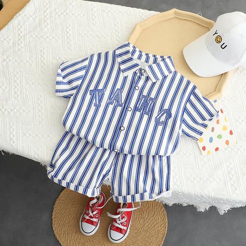 Lapel Shirt Vertical Bar Short Sleeve Suit Casual Shorts Two-piece Set