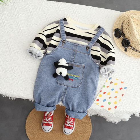 Children's Spring and Autumn Crewneck Dress Denim Straps Two-Piece Set