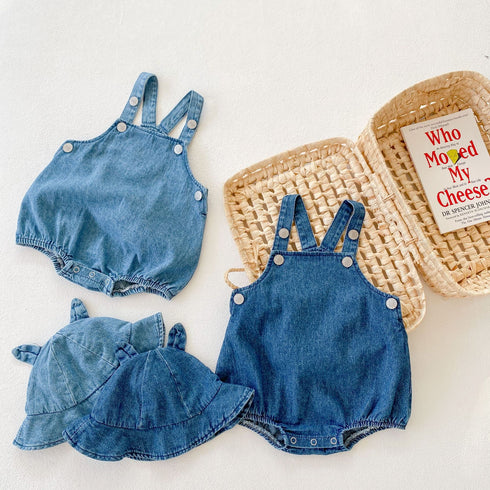 Spring and summer baby denim straps ha coat and sun hat jumpsuit climbing suit