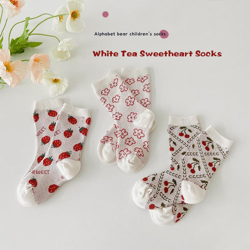 Strawberry flower girls socks double needle baby socks combed cotton(Three Pairs)