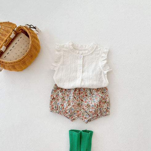 Small Fresh Fly Sleeve Open Button Top + Small Floral Shorts Two-piece Set