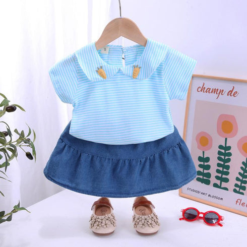Striped Short Sleeved Denim Skirt Suit