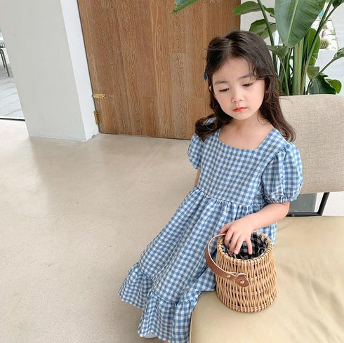 Girl's Summer Plaid Square Neck Bubble Princess Dress